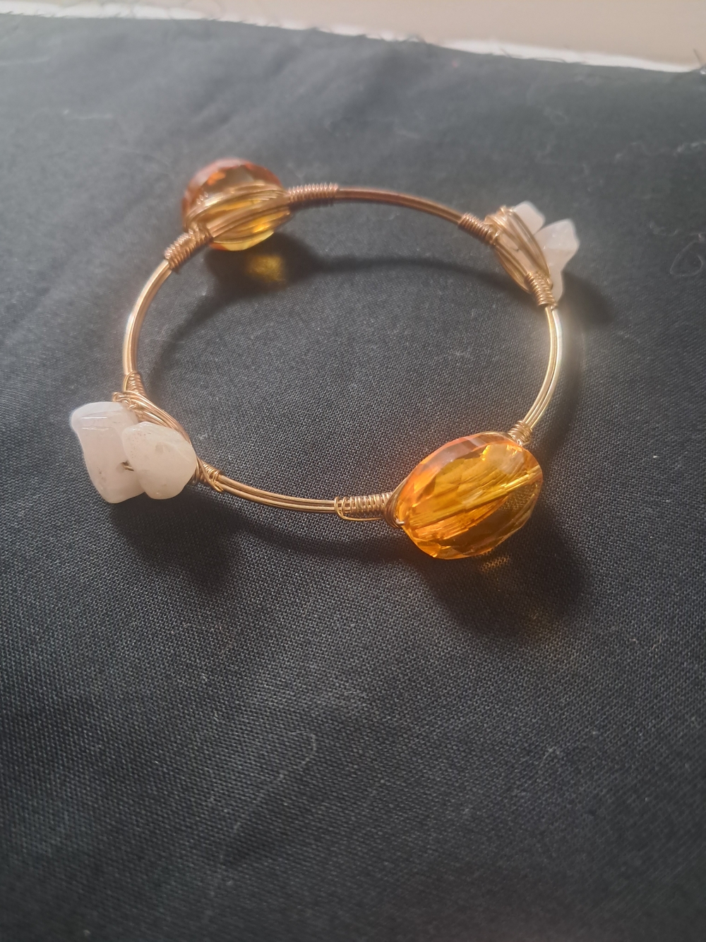 Handmade Wire Wrapped Bangle Bracelet Amber Pink Quartz